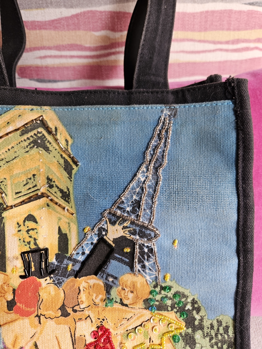 Parisian Scene Embroidered Canvas Tote Bag in Multicolor - Picture 5 of 5